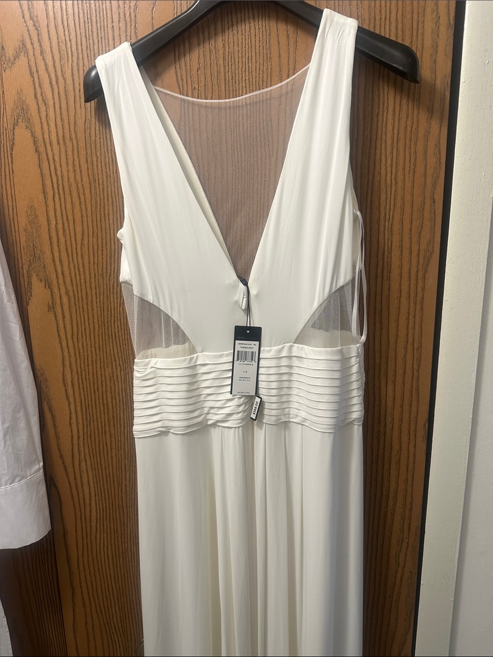 BCBGMaxAzria White Deep V Mesh-Panel Maxi Dress